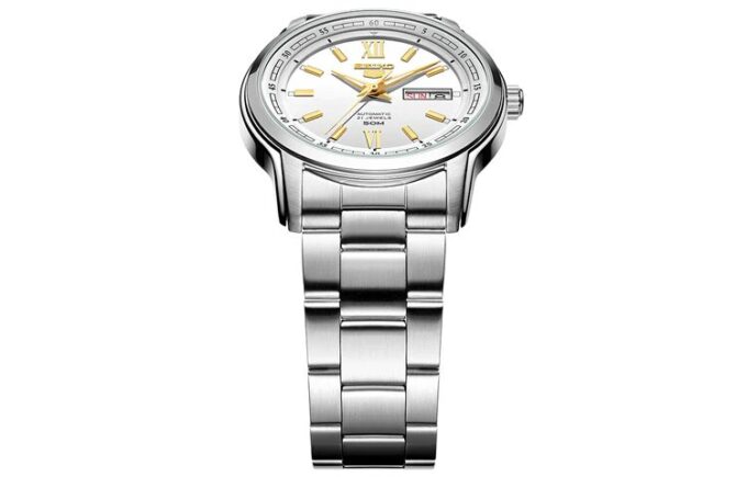 N.º 5 Sports Relógio mecânico de negócios desportivo em aço, à prova de água, com bracelete em aço, branco