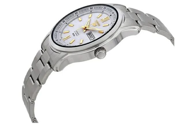 N.º 5 Sports Relógio mecânico de negócios desportivo em aço, à prova de água, com bracelete em aço, branco