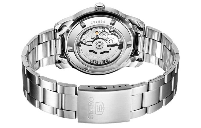 N.º 5 Sports Relógio mecânico de negócios desportivo em aço, à prova de água, com bracelete em aço, branco