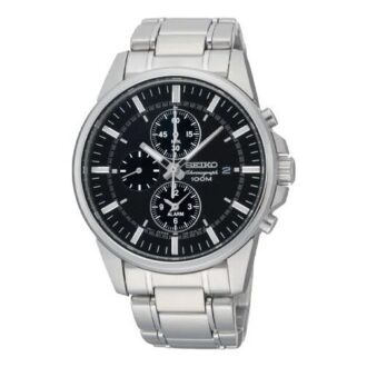 Relógio de quartzo casual-profissional e desportivo com mostrador preto e bracelete prateado