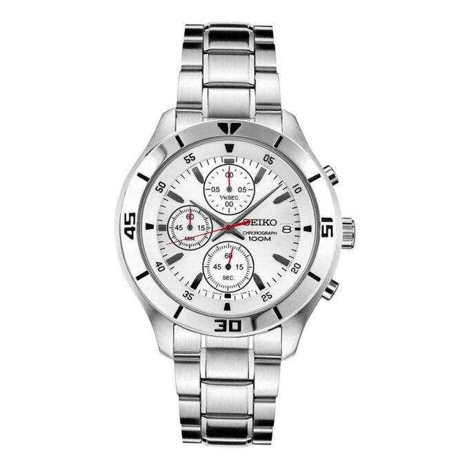 Relógio de quartzo com mostrador branco e bracelete em aço, à prova de água até 100 metros, estilo casual-profissional, com três mostradores