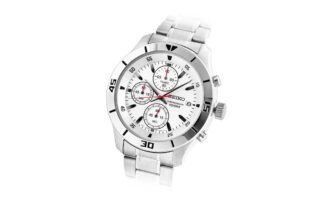 Relógio de quartzo com mostrador branco e bracelete em aço, à prova de água até 100 metros, estilo casual-profissional, com três mostradores