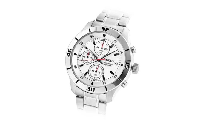 Relógio de quartzo com mostrador branco e bracelete em aço, à prova de água até 100 metros, estilo casual-profissional, com três mostradores