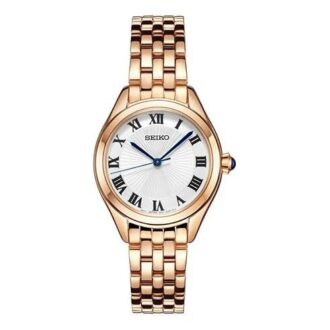 Relógio de quartzo à prova de água 5 ATM com mostrador azul e branco e bracelete em ouro rosa