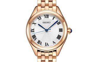 Relógio de quartzo à prova de água 5 ATM com mostrador azul e branco e bracelete em ouro rosa