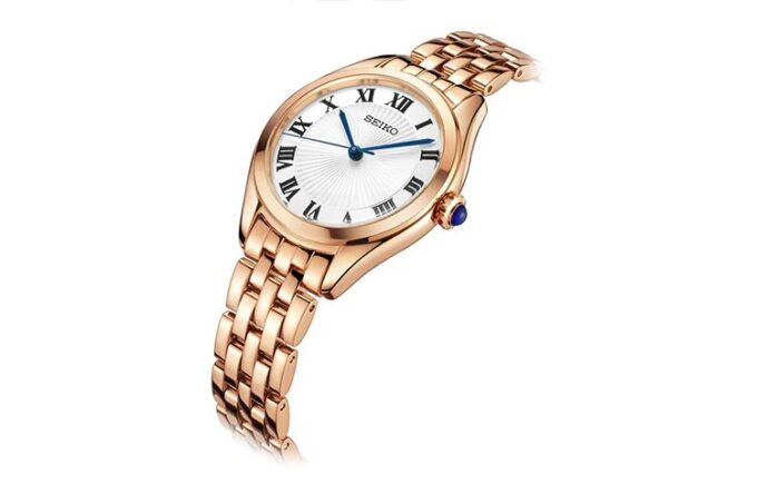 Relógio de quartzo à prova de água 5 ATM com mostrador azul e branco e bracelete em ouro rosa