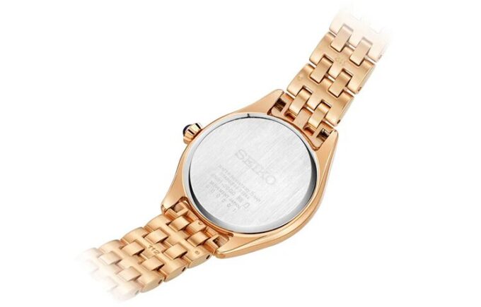 Relógio de quartzo à prova de água 5 ATM com mostrador azul e branco e bracelete em ouro rosa