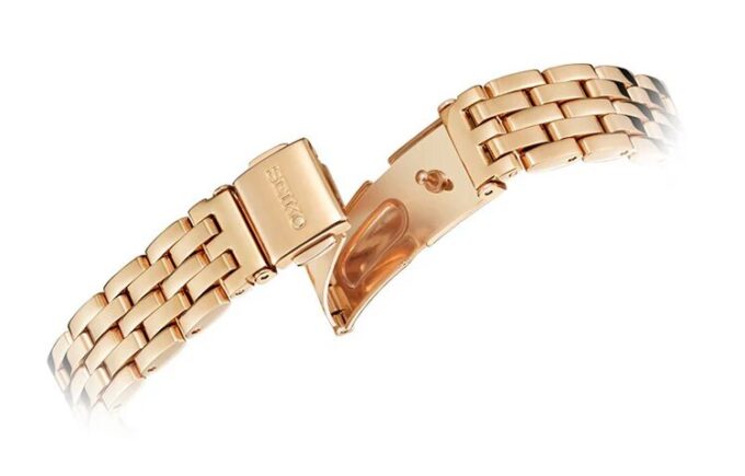 Relógio de quartzo à prova de água 5 ATM com mostrador azul e branco e bracelete em ouro rosa