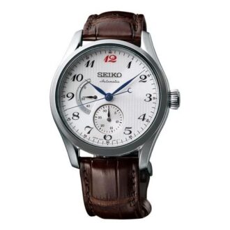 Relógio mecânico automático Presage com mostrador branco e pulseira castanha