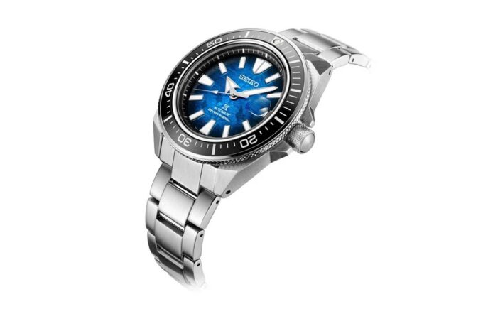 Série Prospex Relógio mecânico com lente de safira, Warrior Gradient Blue Steel Strip, resistente à água até 200 metros